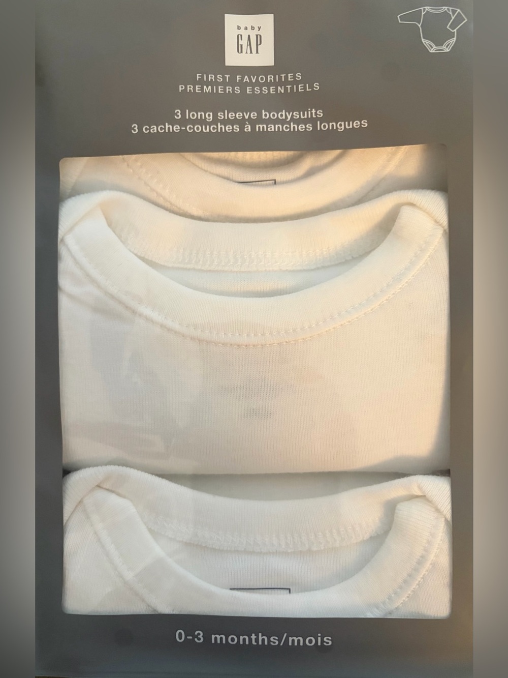 GAP-Baby First Favourite 3pk 100% cotton Long-Sleeve Bodysuits (size 0-3mth/wht)